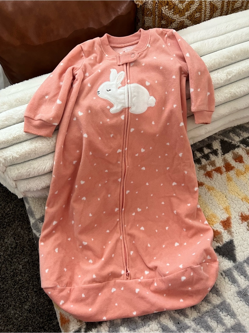 Kids Pink Bunny Sleep Sack Pajamas with Heart Print